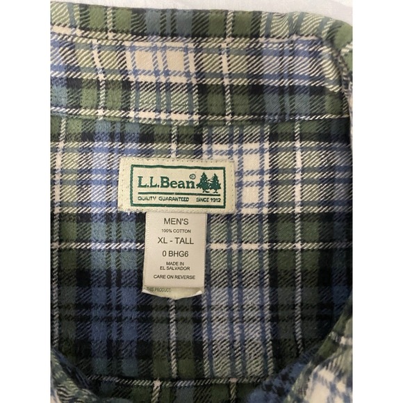 L.L. Bean Men's XL Tall Plaid Flannel Shirt Green Blue Cotton Button Front - Picture 3 of 8